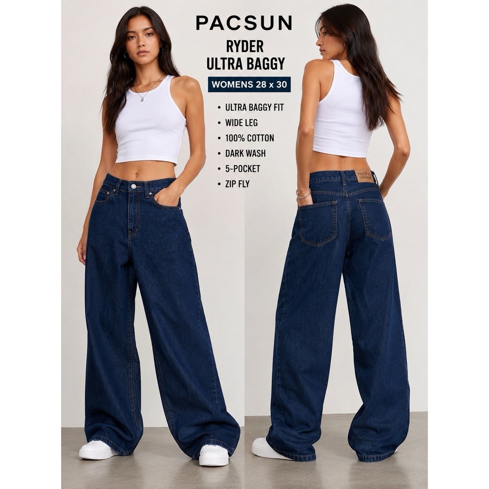 PacSun Ryder Ultra Baggy Jeans Womens 28x30 Dark Wash Wide Leg Skater NWT